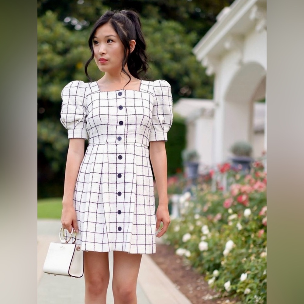Gal Meets Glam Puff Sleeve Dawn Button Front Shirt Dress W/B Woven Window Pane
